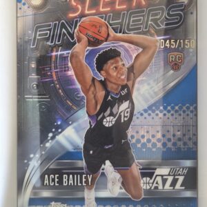 Front of Ace Bailey Topps Chrome Sleek Finishers SF-25 Blue Refractor rookie, numbered 045/150